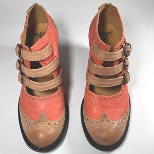Fluevog Kitchener triple-strap Mary Janes, salmon and tan, size 8.5